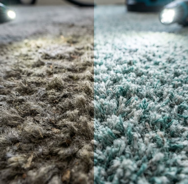 Split-screen image showing one half with heavily soiled, matted carpet fibers and the other half with pristine, freshly steam-extracted carpet fibers, under bright LED detailing lights, high contrast.