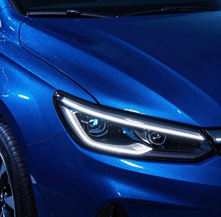 Sleek close-up of water beading on pristine glossy dark blue car paint, glowing electric neon blue backlighting, sharp reflections, 50mm