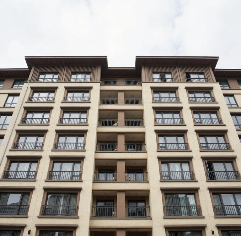 Crisp architectural photography of a modern residential building facade in Shillong, bright overcast daylight, natural earthy tones, wide angle lens.