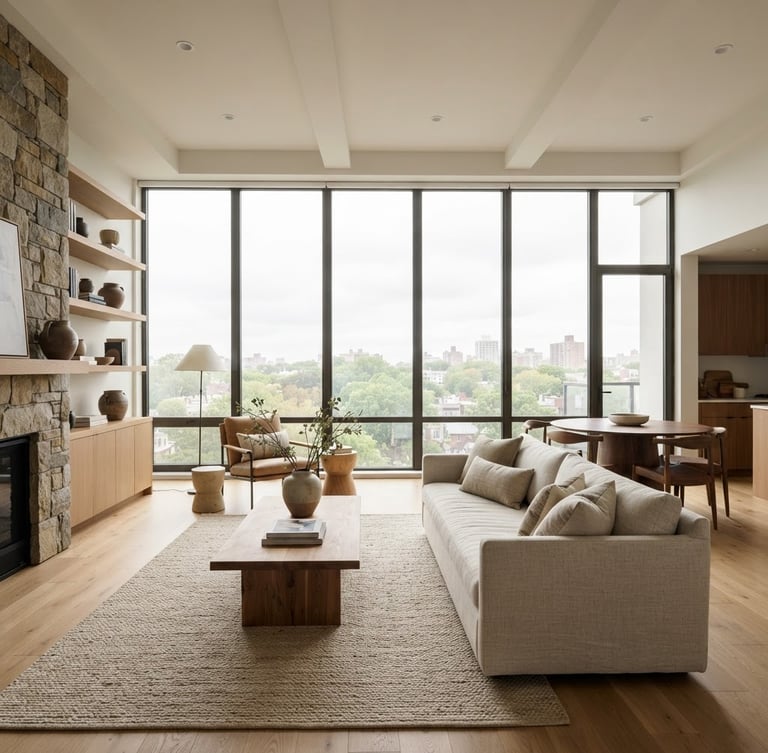 Crisp architectural photography of a modern apartment interior with large windows, bright overcast daylight, natural earthy tones, wide angle lens