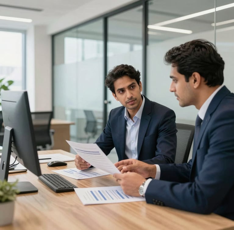 A bright, modern sunlit corporate office in Bengaluru, clean glass partitions, professional advisors discussing financial documents over a wooden table, shallow depth of field.