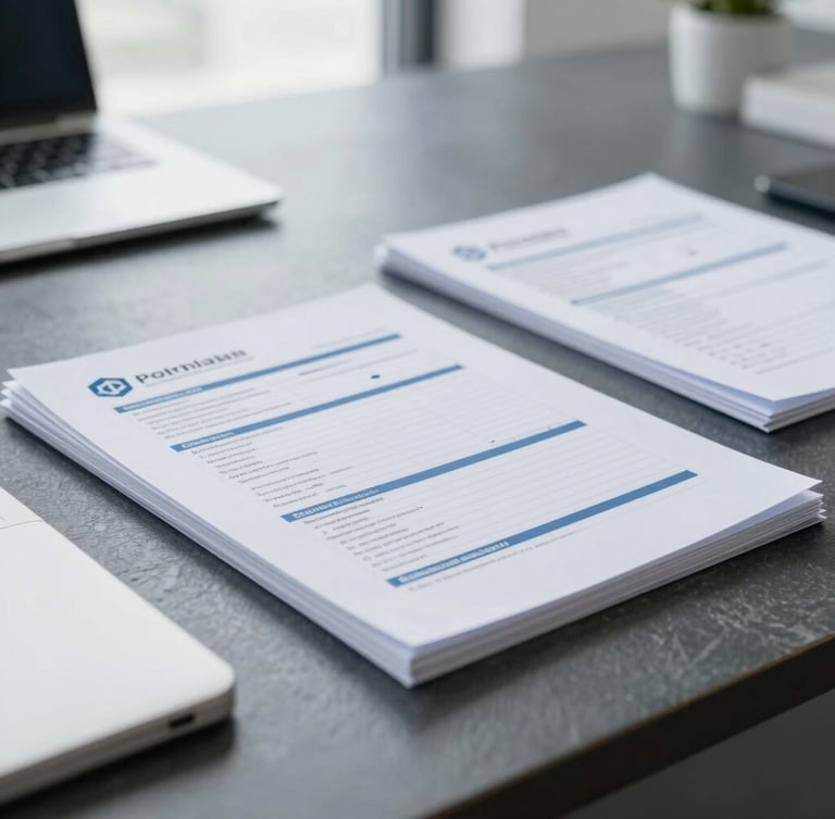 A close-up of neatly organized financial documents and corporate compliance records on a dark slate desk, natural side-lighting, professional corporate photography, shallow depth of field