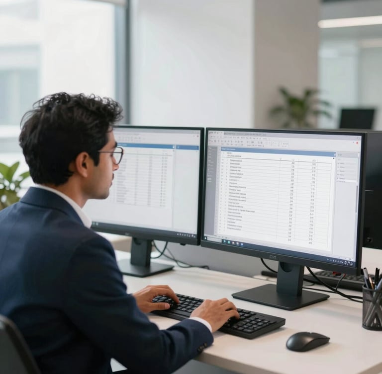 A professional Chartered Accountant reviewing clean financial ledgers on a dual-monitor screen in a modern, sunlit Gurugram office, soft natural lighting.
