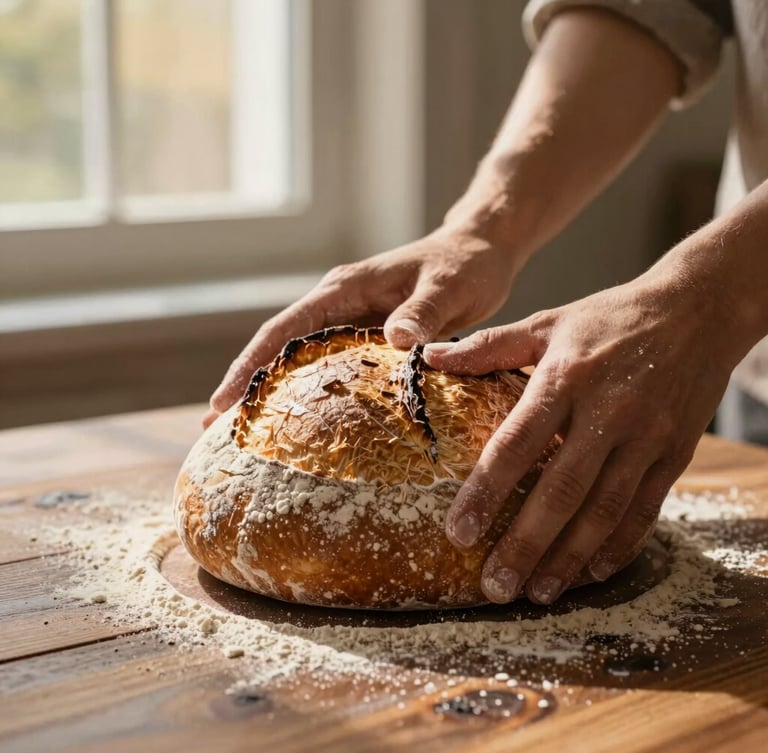 Hands dusted with stone-ground flour shaping a wet sourdough boule on a dark wood table, low-angle morning window light, warm golden tones.