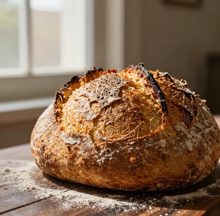 Macro texture of a deeply blistered sourdough crust, low-angle morning window light, rich golden tones, fine flour dusting on dark wood.
