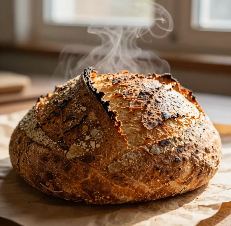 Close-up of a deeply blistered sourdough crust fresh from the oven, steam rising slightly, warm paper background tones, high-contrast morning light.