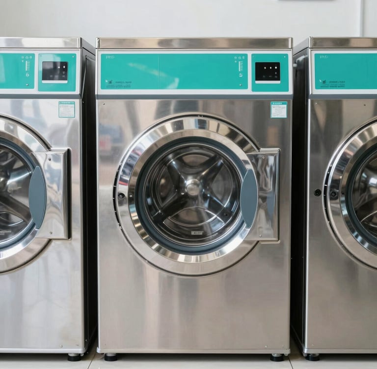Symmetrical straight-on shot of a row of gleaming stainless steel commercial washing machines, bright daylight, teal accents, sharp reflections.