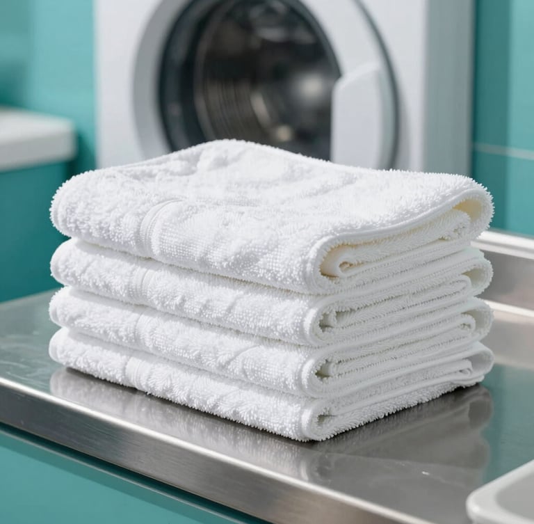 Close-up of a stack of perfectly folded, crisp white towels resting on a stainless steel counter, bright daylight reflecting off a washing machine door in the soft background, teal accents, clean commercial photography