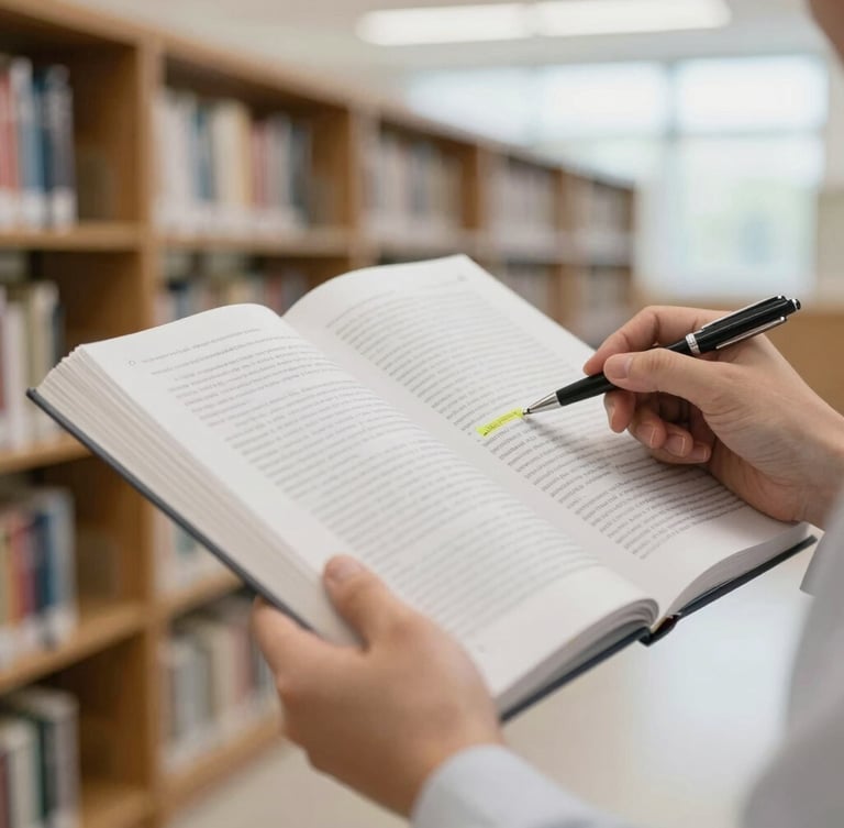 Close-up of a researcher's hands holding an open academic journal, pointing to a highlighted section with a pen, in a well-lit university library, soft natural light, shallow depth of field, 35mm.