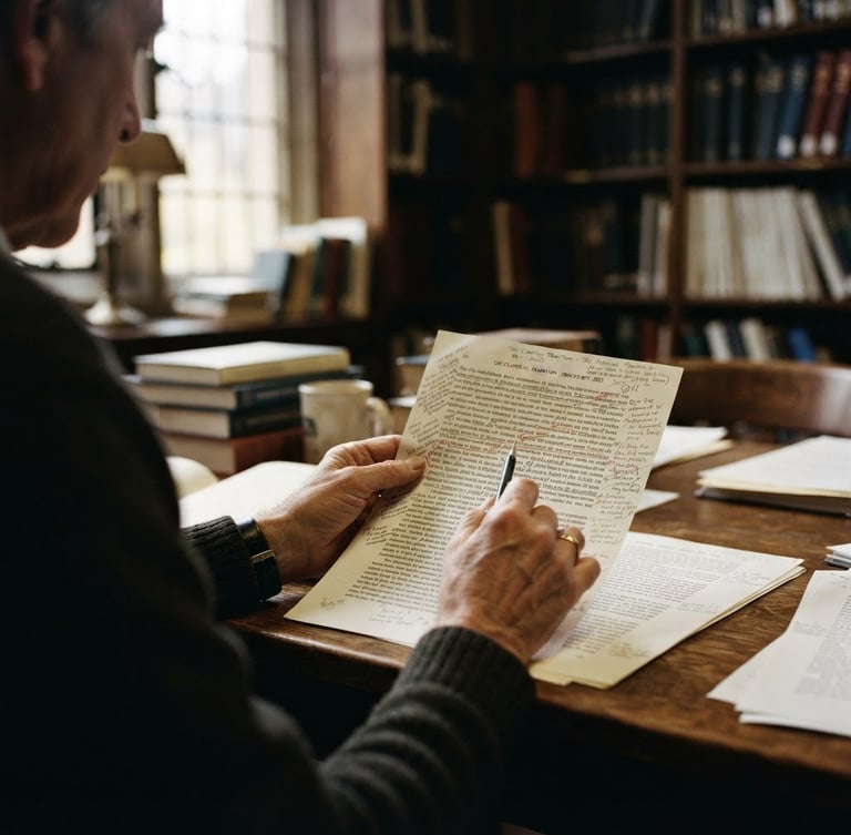 Scholarly hands reviewing manuscript proofs on a desk, soft natural library light, shallow depth of field, over-the-shoulder shot.