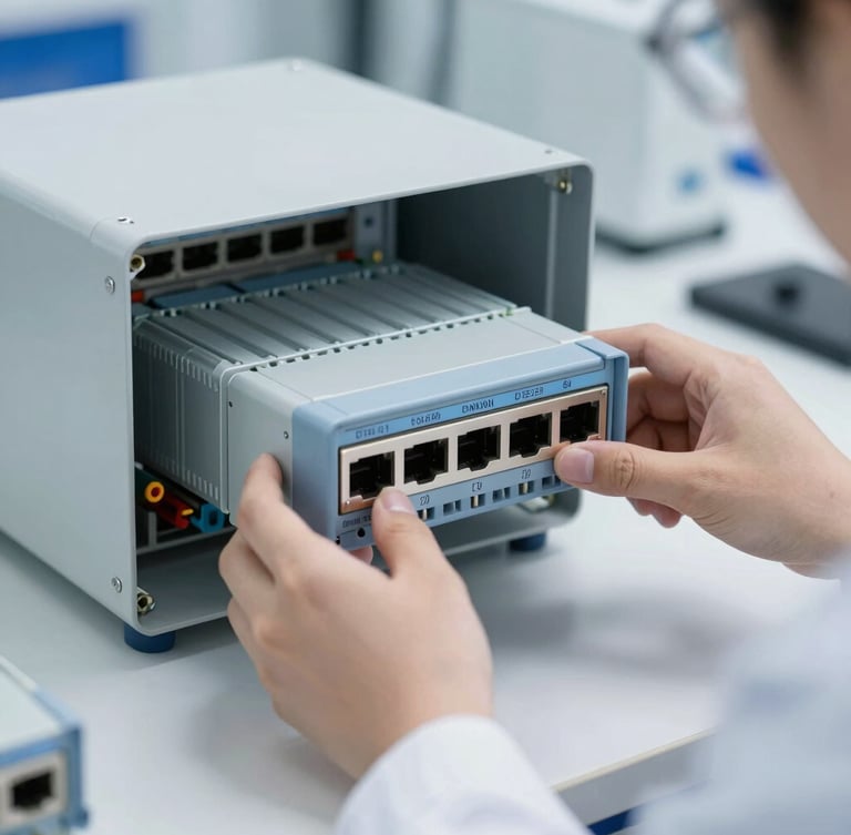 An industrial automation engineer in a clean lab environment configuring a DIN-rail mounted network switch, bright daylight, sharp focus