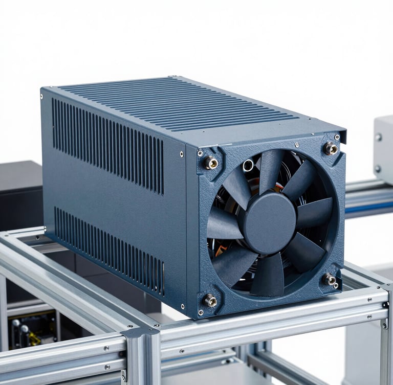 Crisp industrial product photography, clean studio lighting, sharp details, cool blue and slate grey tones, 50mm, a ruggedized fanless industrial PC mounted in a clean metal rack on an active production line