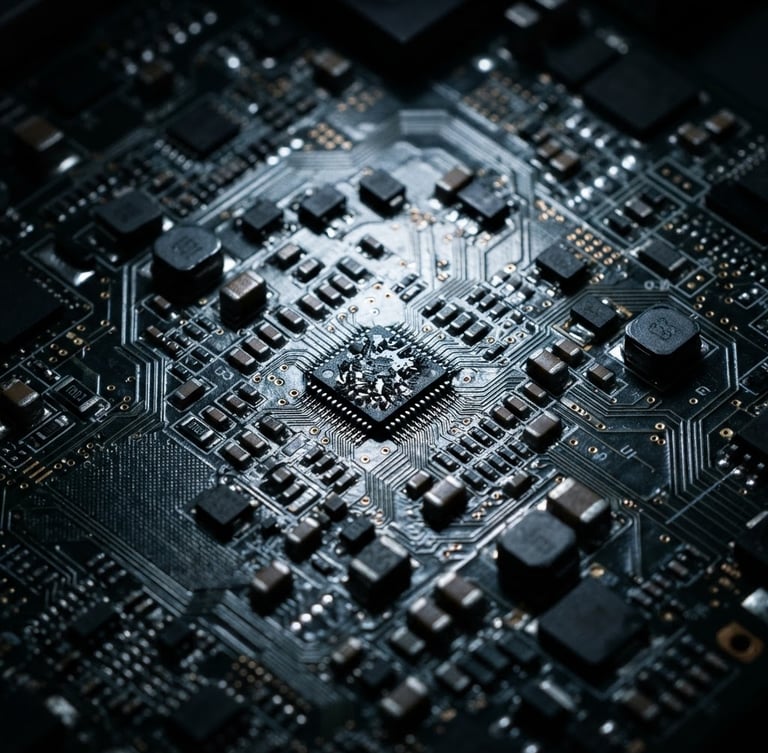 Macro close-up of a complex multilayer printed circuit board, cool laboratory light reflecting off metallic traces, deep shadows, sharp industrial photography