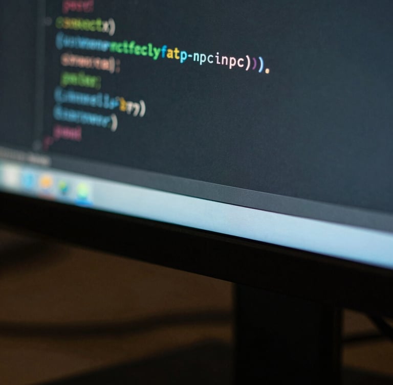Macro close-up of clean code on a high-resolution monitor in a dark room, sharp teal light reflecting on the screen edge