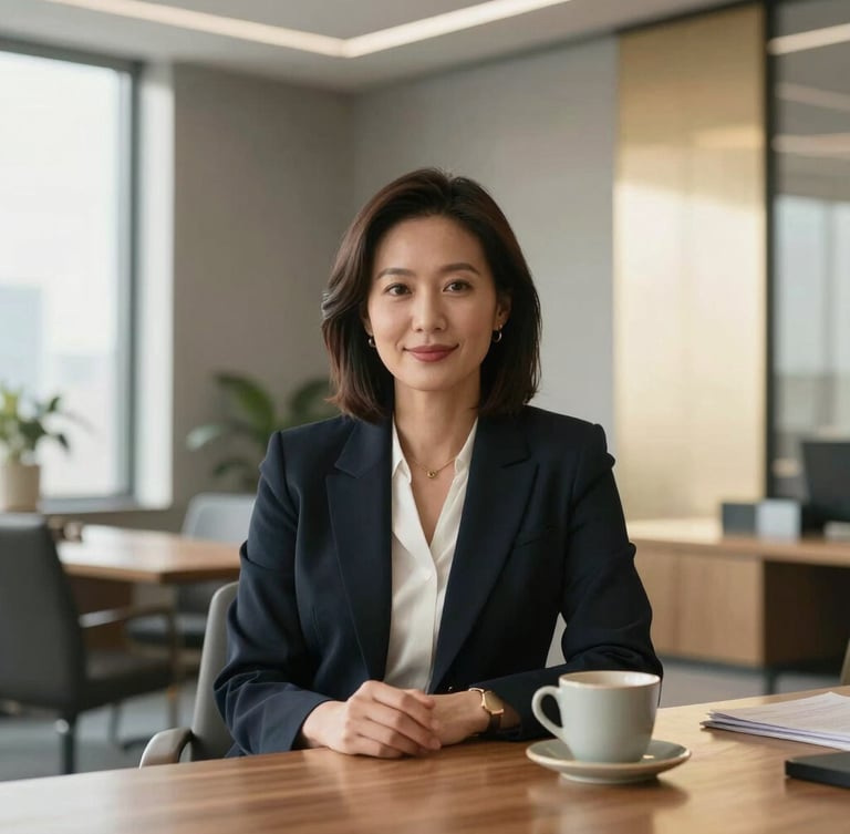 Dignified environmental portrait of a professional female attorney in a sunlit, modern office setting. Soft natural daylight filtering through large windows, warm gray and champagne-gold accents in the decor, clean architectural lines, and a ceramic cup on a wooden table, creating a safe, elegant, and welcoming atmosphere.