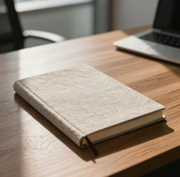 Environmental wide shot of a sunlit, calm modern law office, a textured linen journal on a wooden desk, soft shadows, warm natural daylight.