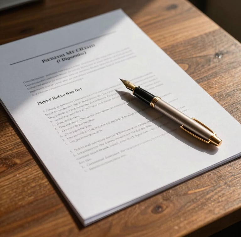Dignified environmental shot of textured legal documents on a warm oak desk, soft morning sunlight casting long shadows, champagne-gold fountain pen resting on paper, elegant editorial composition