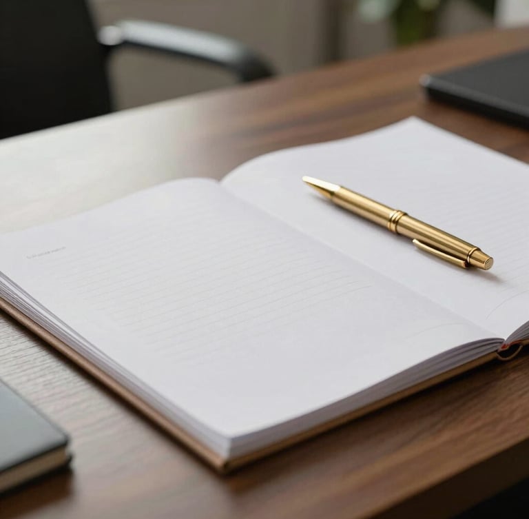 Soft diffused daylight falling on a modern legal office desk, textured organic paper documents, elegant gold pen resting on a folder, warm and professional atmosphere, medium shot.
