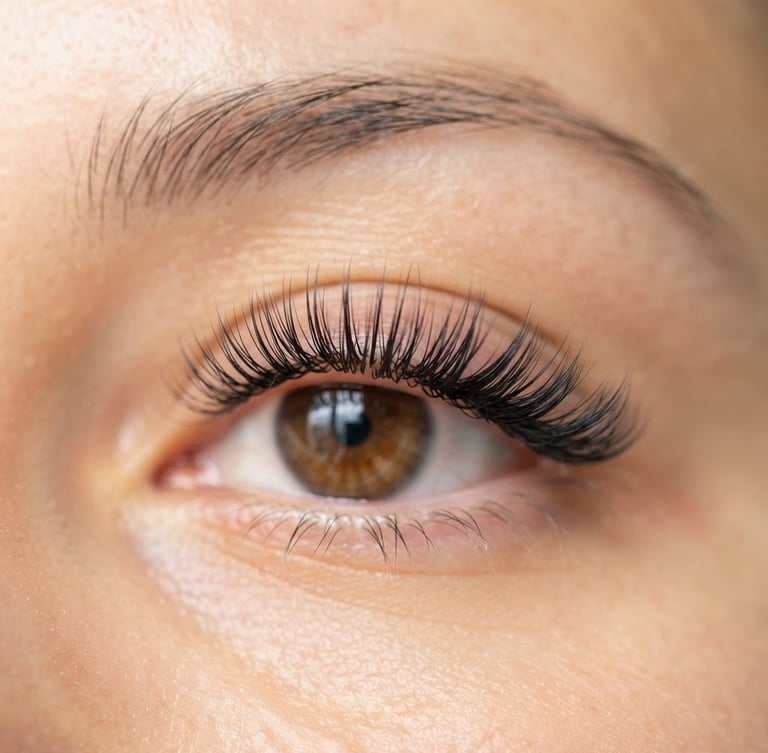 Extreme macro close-up of perfectly isolated eyelash extensions on a client's eye, soft diffused natural daylight, shallow depth of field, warm gold and soft pink tones, pristine, clinical-grade work.