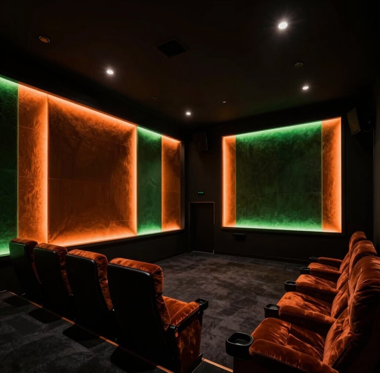 Dramatic architectural wide-angle view of a luxury private cinema interior, low-key theater lighting with sharp orange and green accent glows on fabric wall panels, 35mm