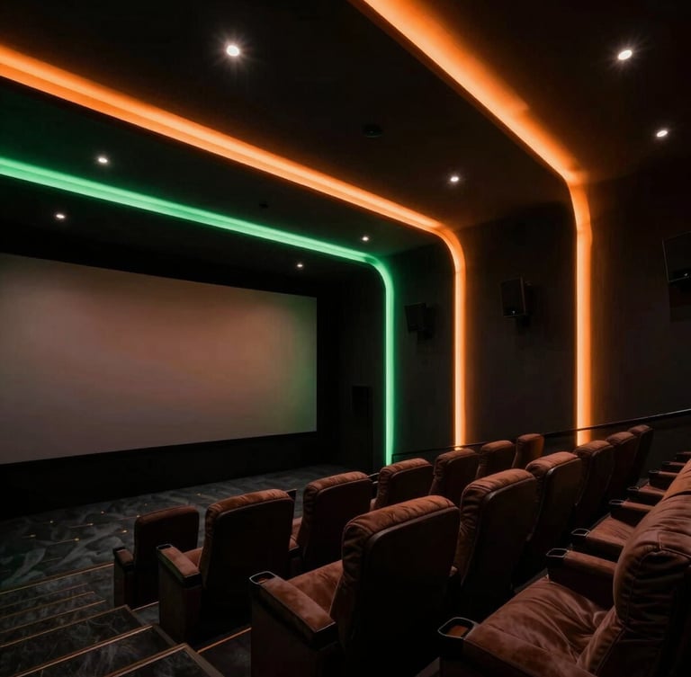 Dramatic architectural photography of a luxury home cinema, low-key theater lighting with orange and green accent glows, sharp detail, 35mm