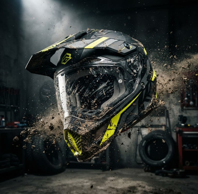 Dynamic low-angle studio shot of a premium matte black off-road helmet with sharp yellow accents, dramatic spotlighting, dark gritty background, 35mm