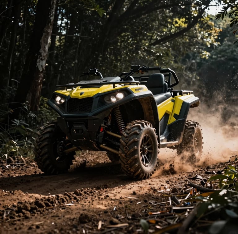 Dynamic low-angle action shot of a high-performance UTV kicking up mud on a forest trail in Corupá, dramatic backlight, high-contrast dark tones, 35mm