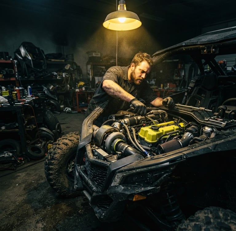Low-angle dynamic shot of a high-performance UTV engine bay being tuned by a professional mechanic in a dark, moody workshop, dramatic yellow overhead light, metallic tools, 35mm