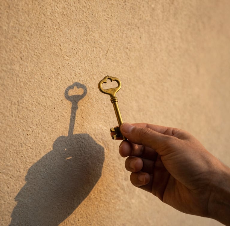 An intimate close-up of a hand holding an old brass key against a textured plaster wall, warm golden-hour light, shallow depth of field.