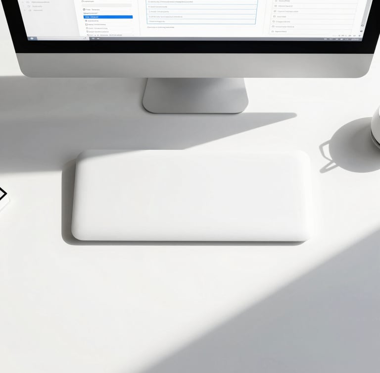 Tight top-down flat lay of a minimalist modern workspace, clean digital wireframe on a screen, sharp shadows, electric blue accents.