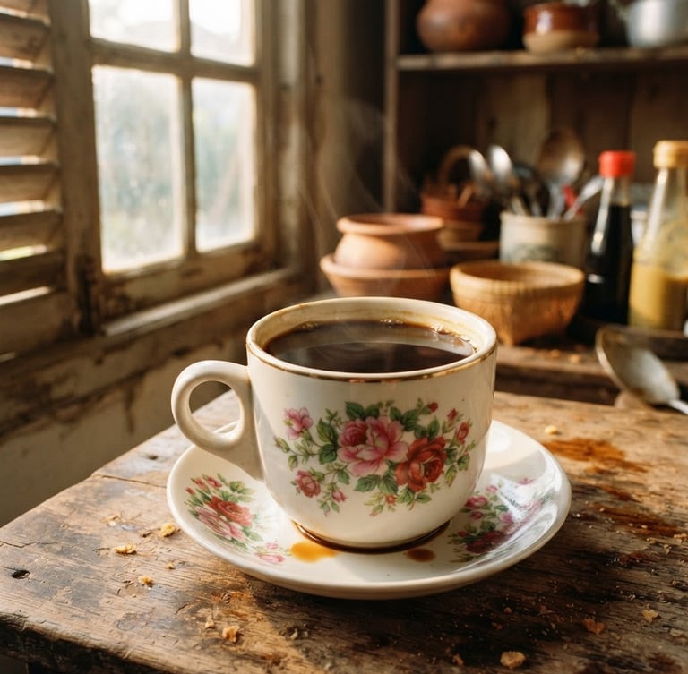 Close-up of a traditional floral kopitiam cup filled with thick dark coffee, warm morning light filtering through a wooden window, vintage Malaysian kitchen setting, 35mm film style.