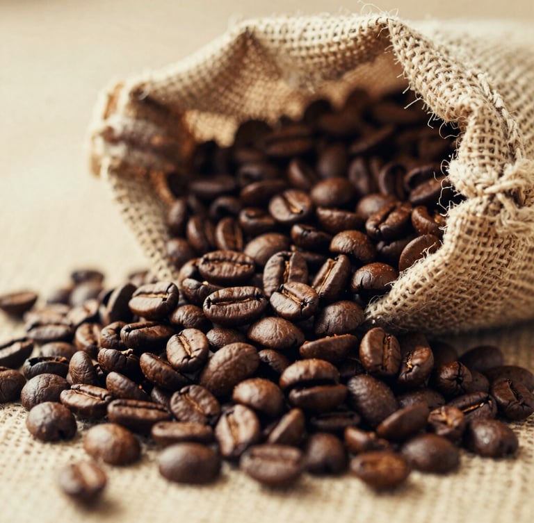 Close-up of raw and dark roasted coffee beans spilling from a rustic gunny sack, warm golden-hour morning light, rich coffee brown tones, 35mm film style.