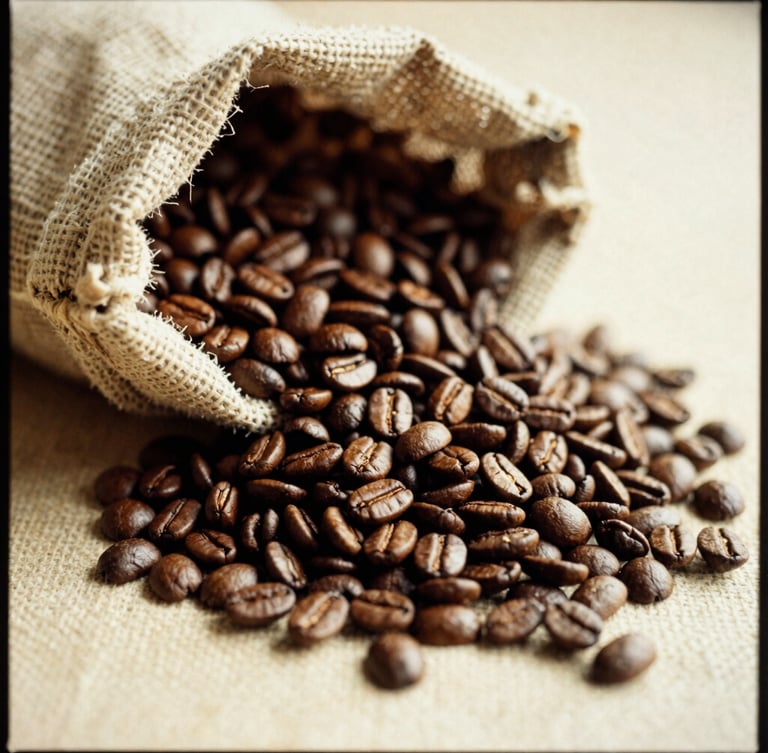 Raw roasted coffee beans spilling from a rustic gunny sack, warm morning light filtering in, rich coffee brown tones, 35mm film style.