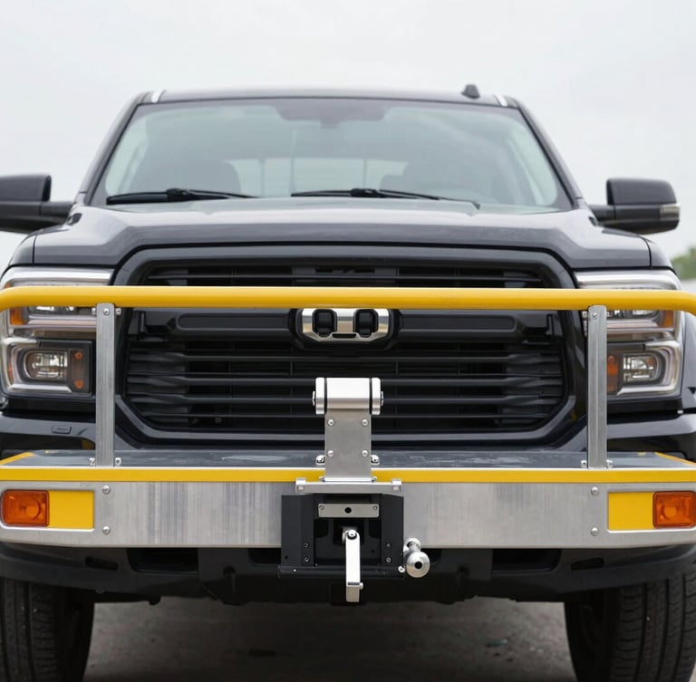 Straight-on eye-level shot of a clean steel utility trailer hitched to a modern black pickup truck, bright overcast daylight, sharp focus 50mm