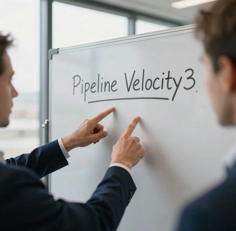 A focused strategy session, hands pointing at a physical whiteboard with 'Pipeline Velocity' written clearly, soft overcast light through large office windows.