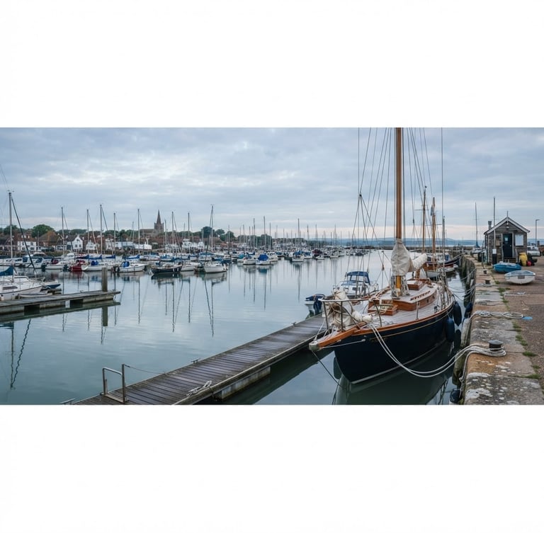 Wide panoramic Emsworth harbor at dawn, a classic sailing yacht docked to the right, calm water reflecting the sky, soft overcast light.