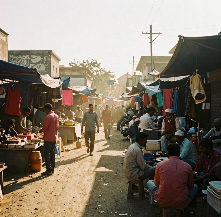 A wide-angle documentary photograph of a bustling open-air bazaar in a Tier 2 Indian city, dusty golden hour sunlight filtering through colorful tarps, shoppers and merchants interacting naturally.
