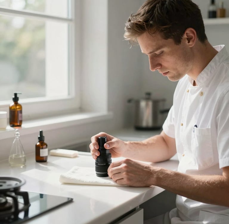 Technicien en tenue professionnelle blanche appliquant un traitement de précision sous un comptoir de cuisine moderne, lumière naturelle claire, atmosphère sereine.