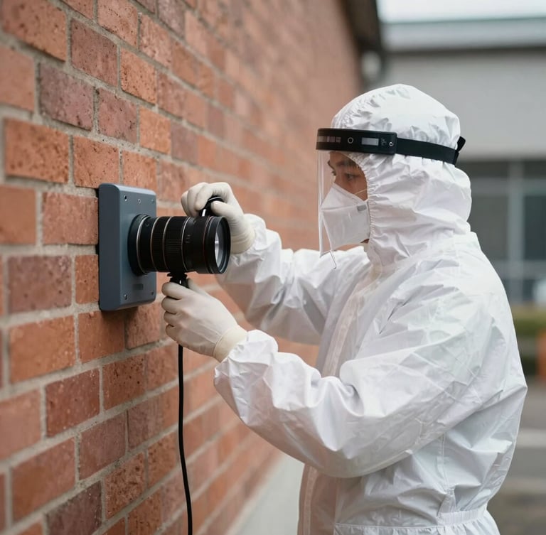 Plan moyen d'un technicien en tenue blanche de protection ajustant un dispositif de sécurité hermétique le long d'un mur en briques, lumière du jour claire.