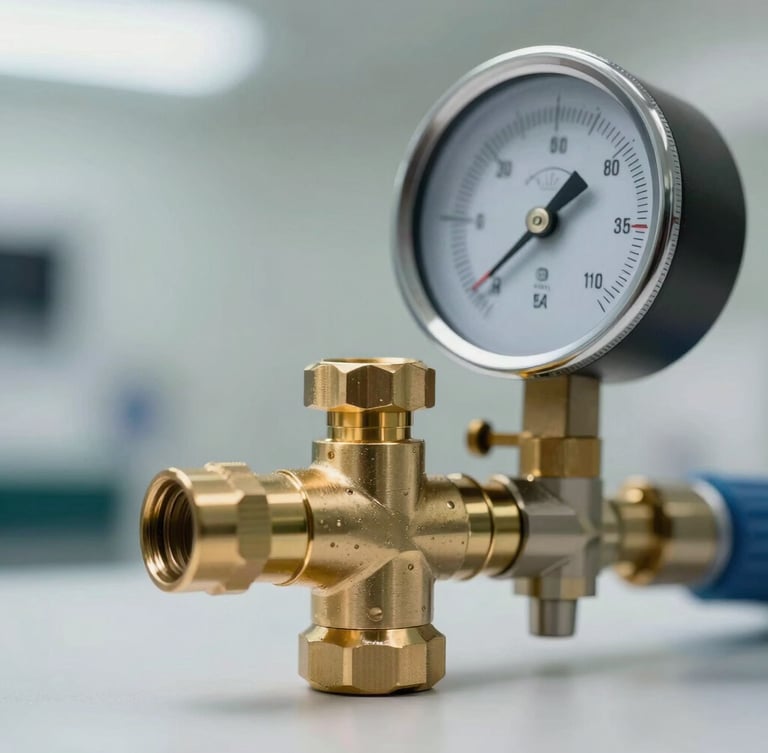 Close-up macro of a high-precision brass spray nozzle and professional pressure gauge, spotless clinical setting, soft natural daylight, technical authority.
