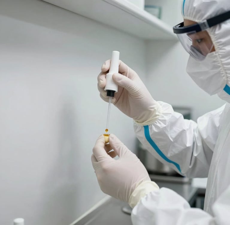 Macro clean shot of a professional pest control technician in white protective gear carefully applying a precise gel treatment in a clinical kitchen corner, bright daylight, high clarity.