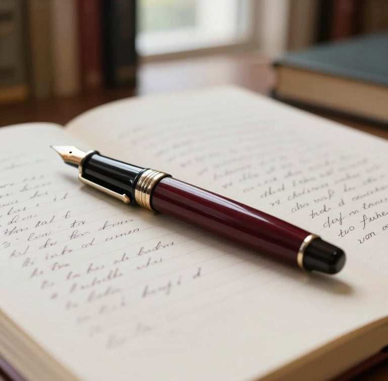 Close-up of elegant fountain pen resting on a handwritten manuscript, warm library background, soft focus, 35mm