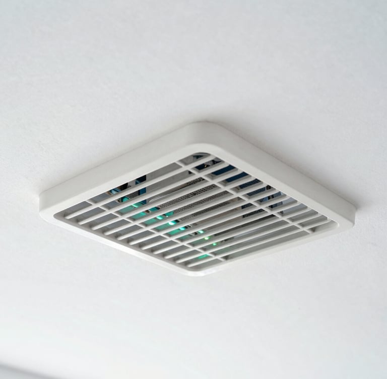 A close-up shot of a clean, pristine metallic ventilation grate mounted on a bright white ceiling, soft green and blue ambient light reflection, sharp focus