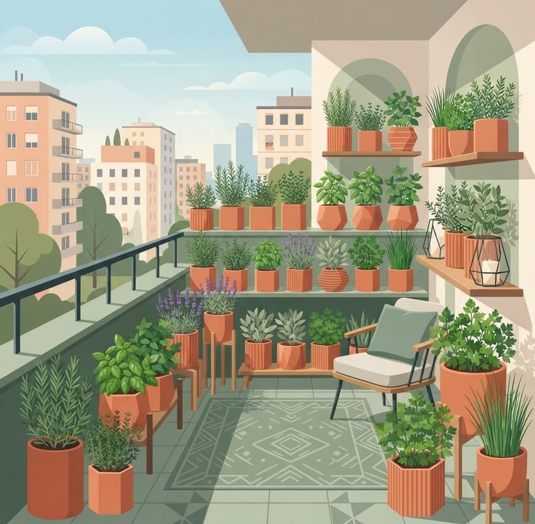 Flat vector illustration of a modern apartment balcony filled with terracotta pots of green herbs, clean geometric shapes, warm terracotta and sage green colors, minimalist botanical style.