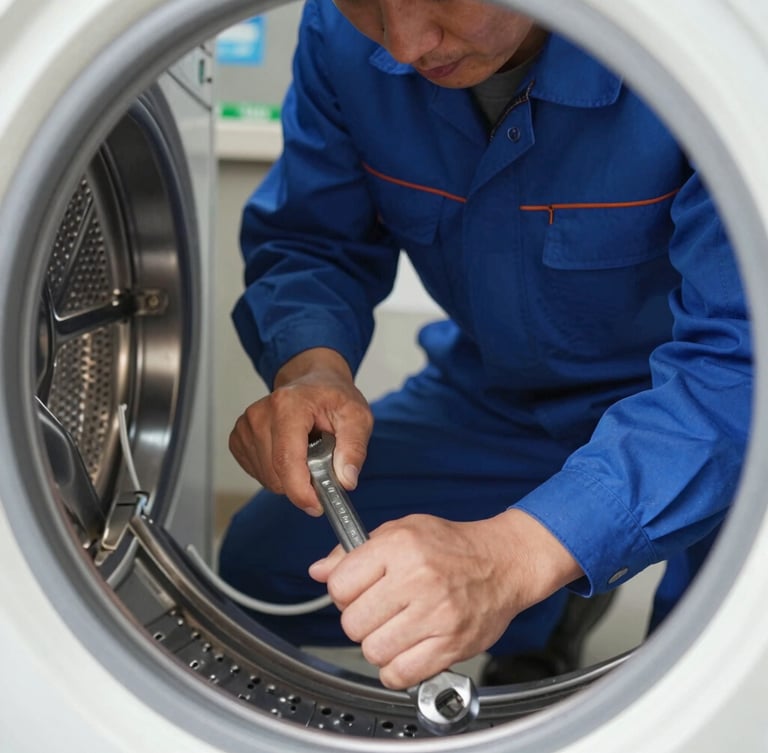 A professional technician in a clean royal blue uniform repairing a washing machine drum, bright natural daylight, close-up action shot focusing on hands holding a wrench near the metallic drum.