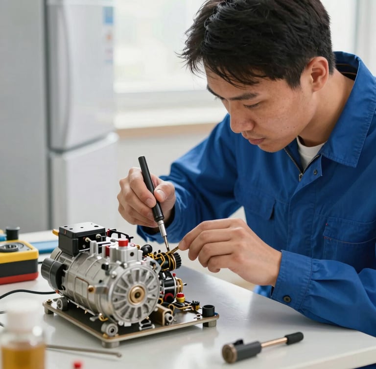 A professional technician in a blue uniform using precision tools to repair a refrigerator compressor, bright natural lighting