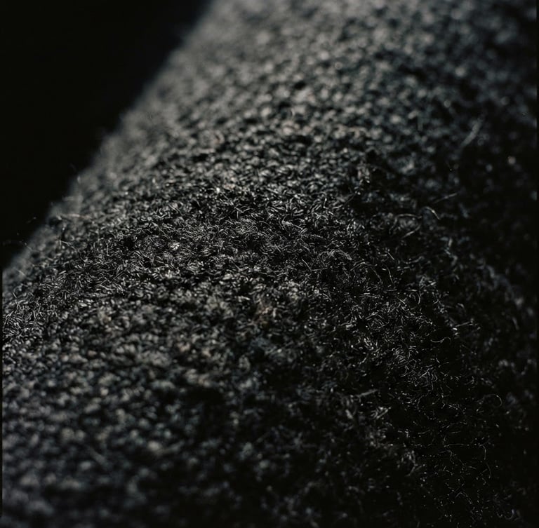 Extreme close-up of heavy black wool fabric texture, deep shadows, harsh side lighting, minimalist editorial photography, 35mm grain