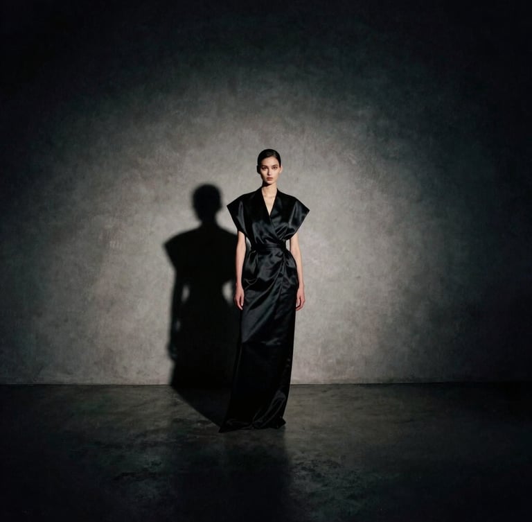 Minimalist architectural space with a single high-fashion model standing in shadow, wearing a structured black silk garment, chiaroscuro lighting
