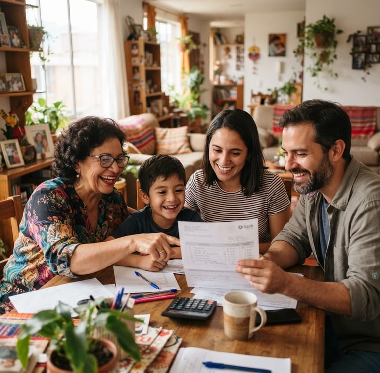 Medium shot of a Colombian family in their bright living room, smiling and looking over a savings document together, soft natural daylight, warm tones, authentic editorial style.
