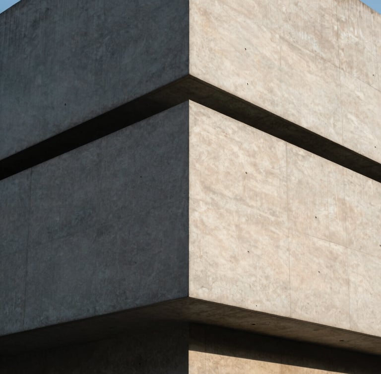 Minimalist architectural corner of a concrete and steel building, sharp geometric shadows under bright afternoon sun, 35mm photography